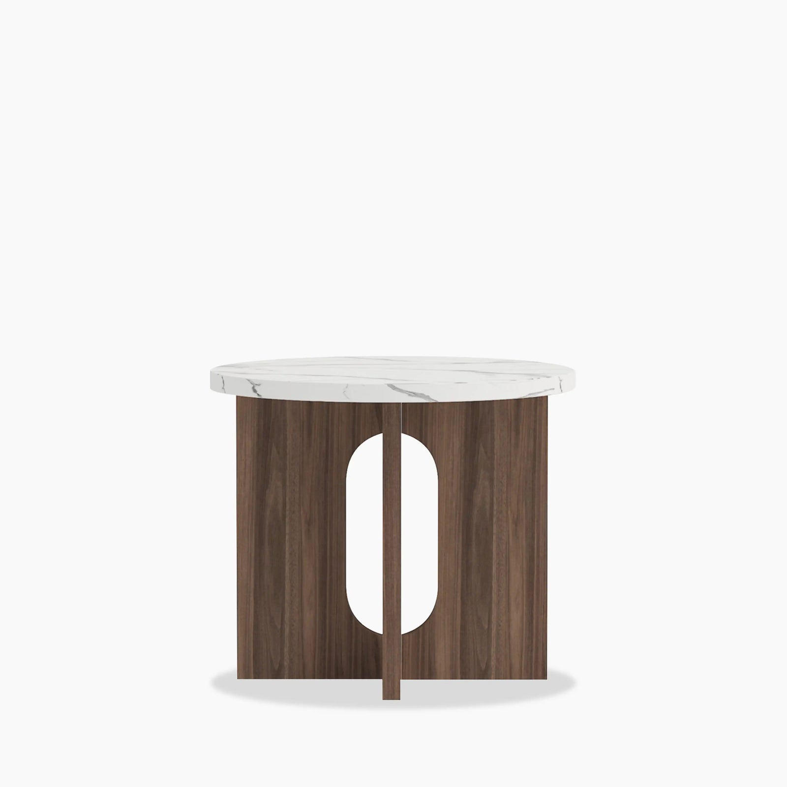 Moreton Round Side Table | White Marble Effect & Walnut