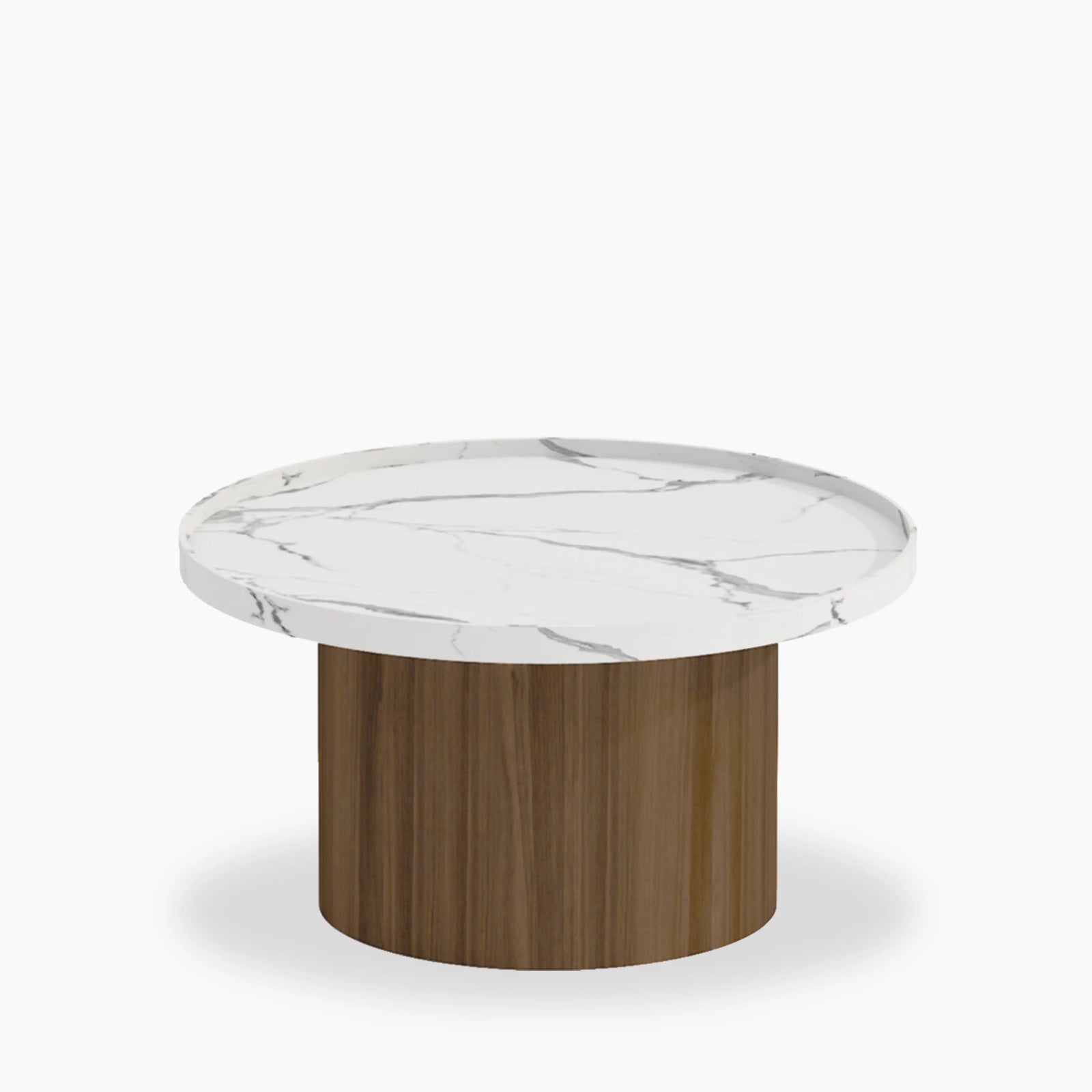 Raya Round Coffee Table | White Marble Effect & Walnut