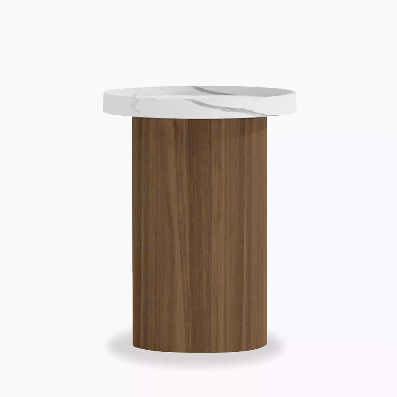 Raya Round Side Table | White Marble Effect & Walnut