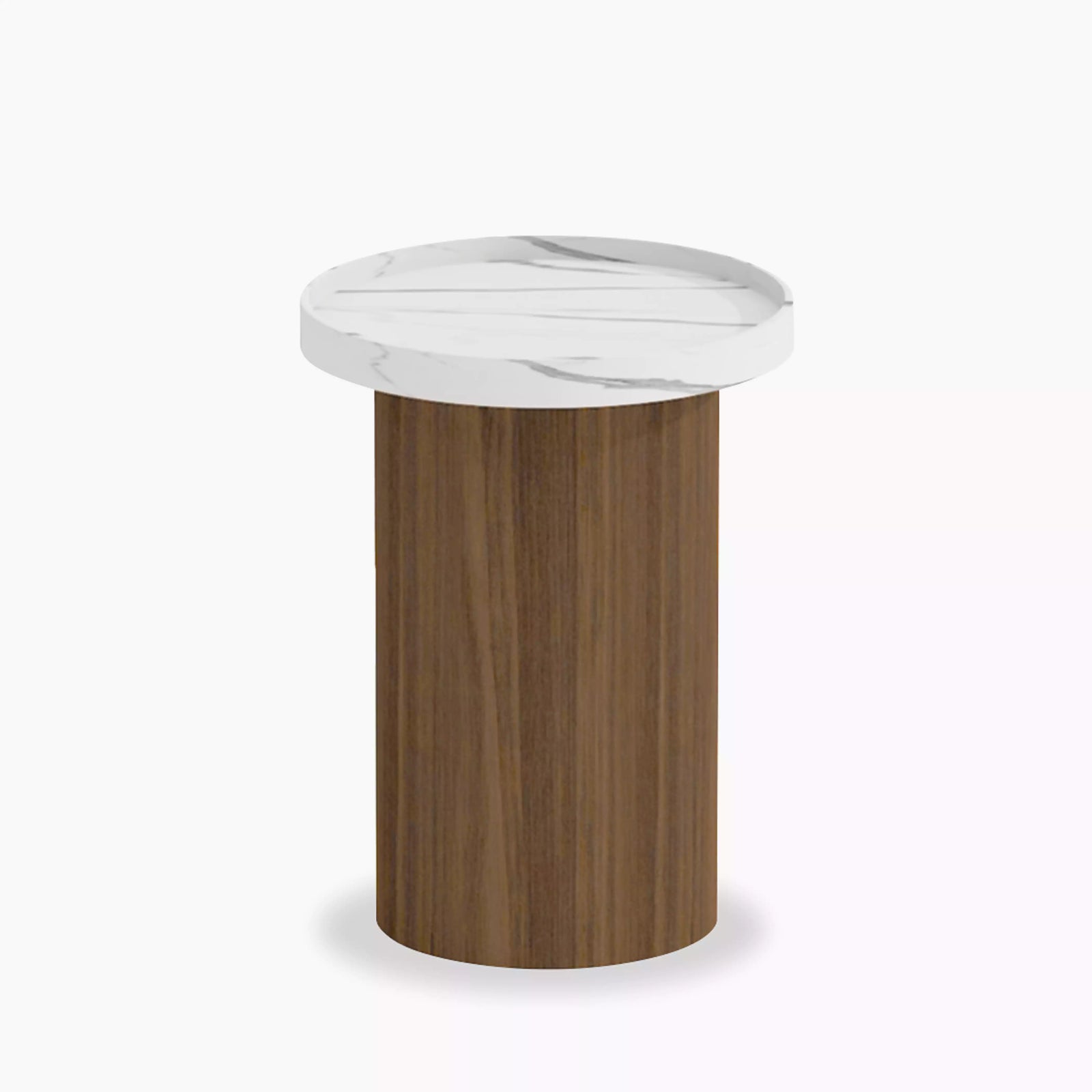 Raya Round Side Table | White Marble Effect & Walnut