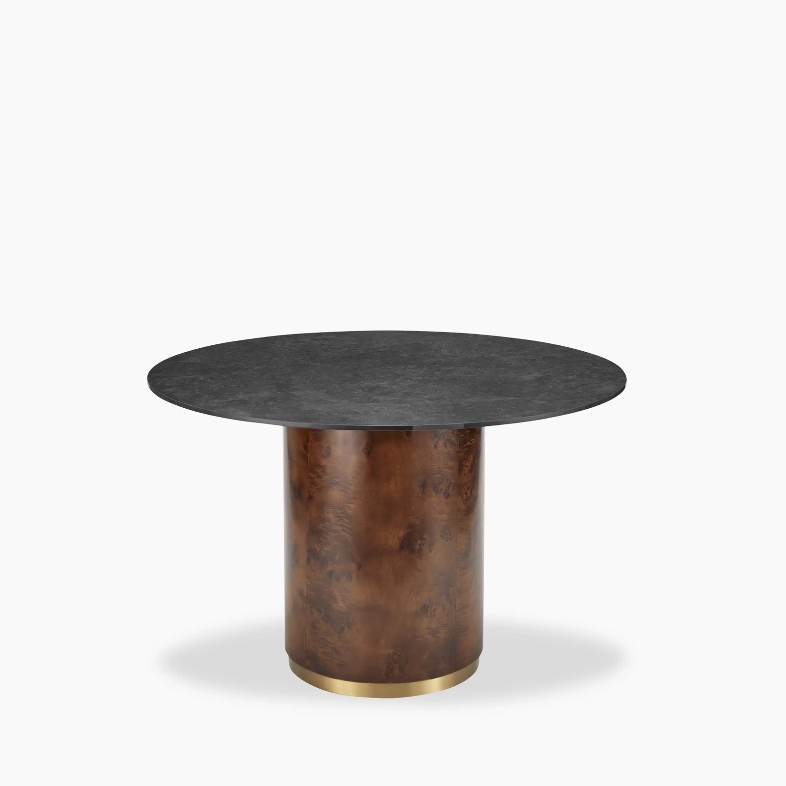 Perry 4 Seat Round Dining Table | Black Sintered Stone & Walnut Burl Wood