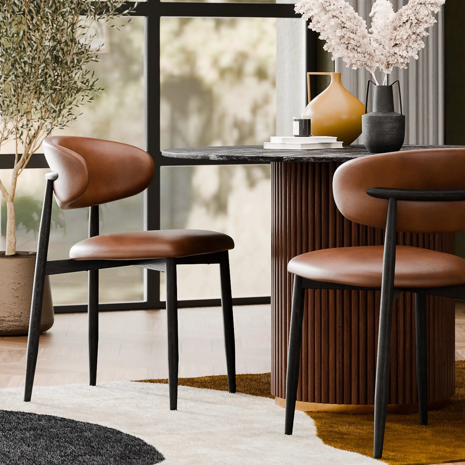 Halston Dining Chair | Vintage Tan Faux Leather & Black