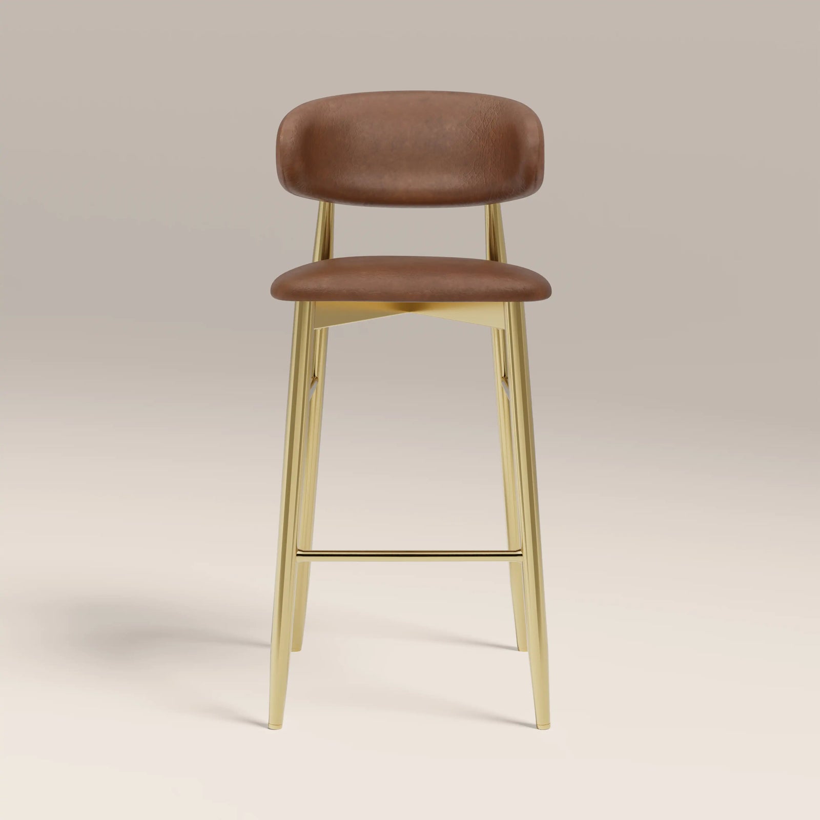 Halston Bar Stool | Vintage Tan Faux Leather & Brass
