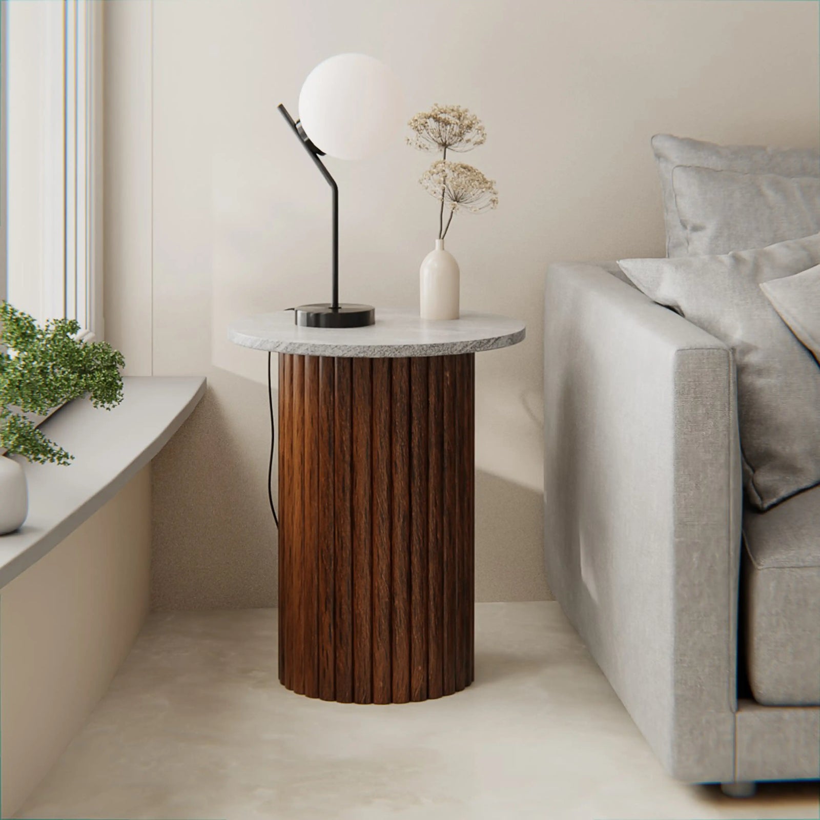 Medby Round Side Table | Grey Marble & Walnut