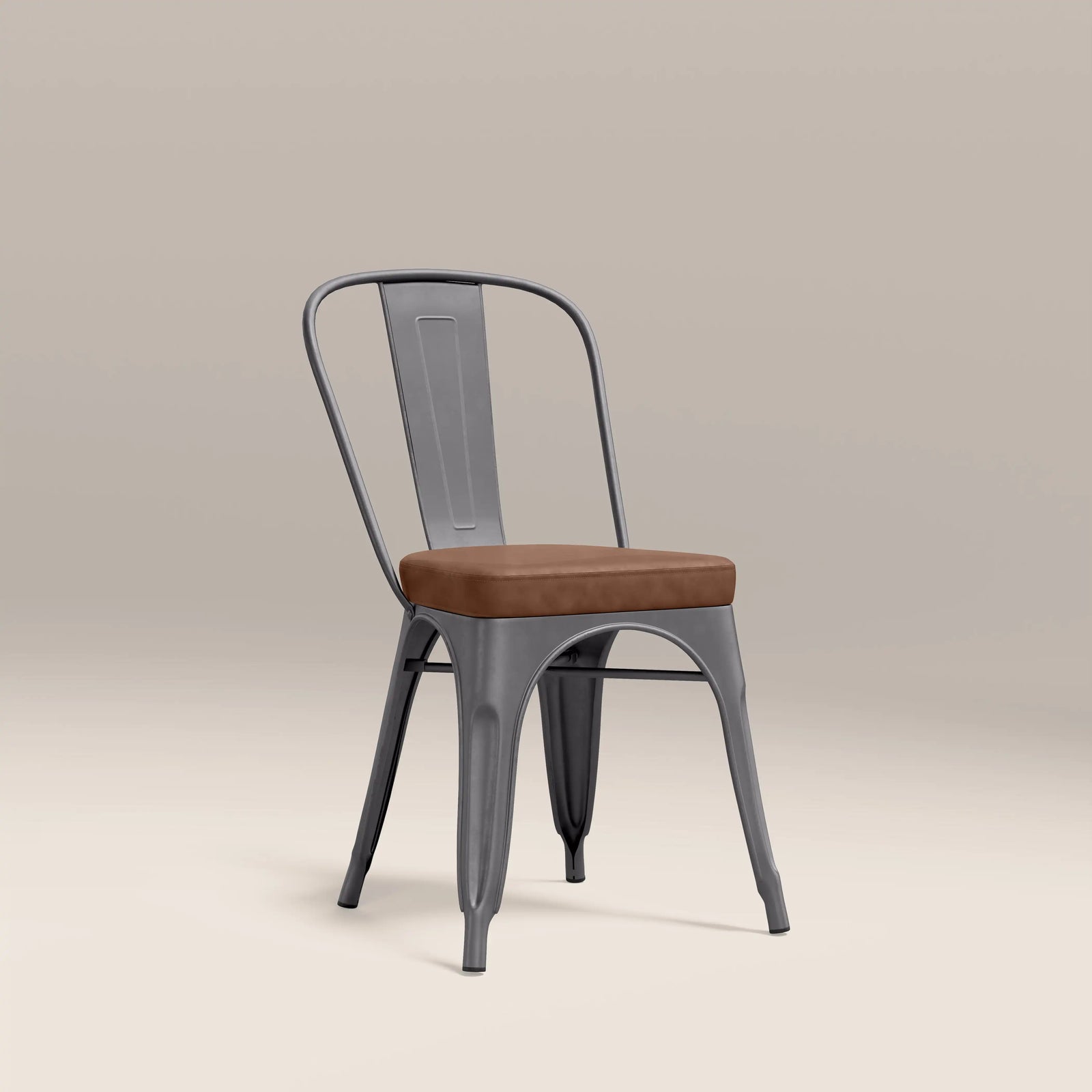 Tolix Style Stackable Dining Chair | Tan Faux Leather & Gunmetal